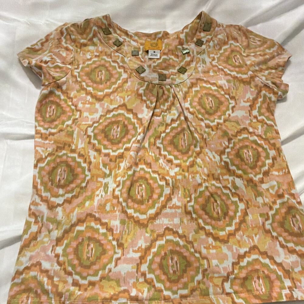 Ruby Rd Women’s Top Size M Orange Green Boho Geometric Print Short Sleeve Shirt